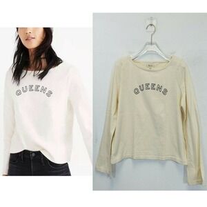 Queens Oversized Crop T Shirt Womens SMALL Off White Loose Tee Preppy MADEWELL